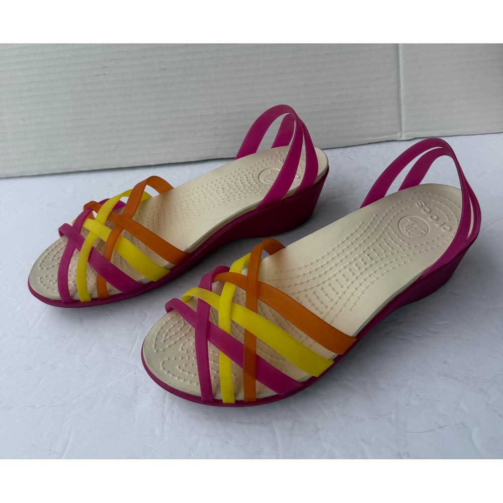 Crocs Isabella Pink Orange‎ Yellow Sunset Jelly Strappy Wedge Sandals Sz 7